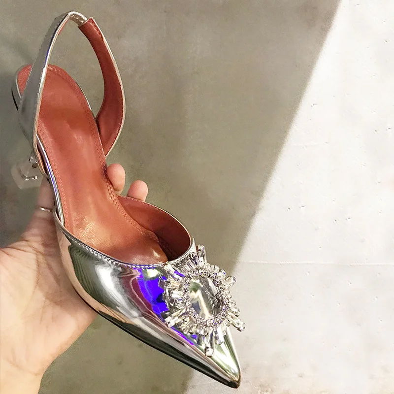 

Silver Women Pumps Slingback Stiletto Chic Crystal Embellished Pointed Toe Woman Shoes Brand Designer Star Runway Party Shoes