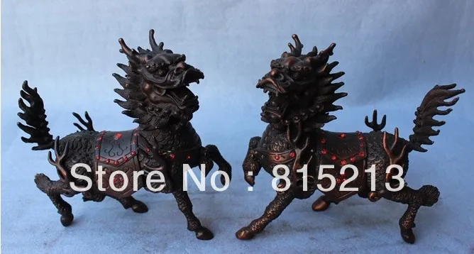 

bi00443 chinese red bronze Copper Kirin Foo Dogs kylin Lions sculpture statue pair