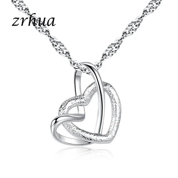 

ZRHUA New Fashion 925 Sterling Silver Necklace & Pendant For Women with Chain Clavicle Pendant Necklace Double Hearts Chain