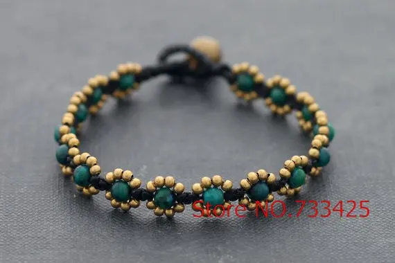 

synthetic fynchenite Daisy Bracelet handmade woven with wax cord and thai style brass bell closure bracelet for women