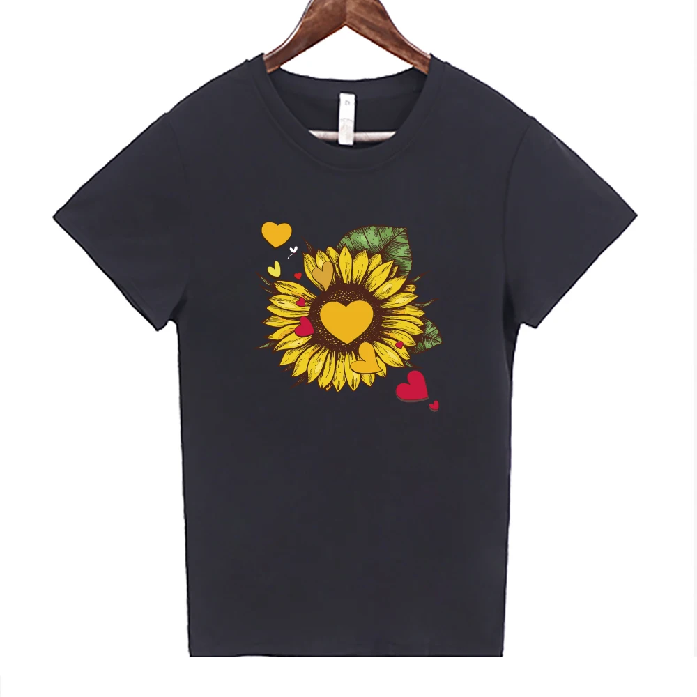 

Graphic Tees Women Polyester Sun flower Printing Slim fit Tshirts Casual Summer Tees & Tops Black Harajuku Kawaii Tee Shirts