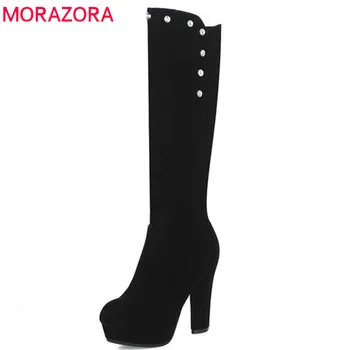 

MORAZORA 2020 new arrival flock knee high boots women round toe platform boots high heels shoes woman autumn winter booties