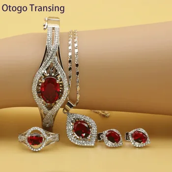 

Otogo Transing Indian Fashion Love Jewelry Sets Mark Silver Color Tray Red Crystal For Women Necklace / Ring / Earrings-SET201
