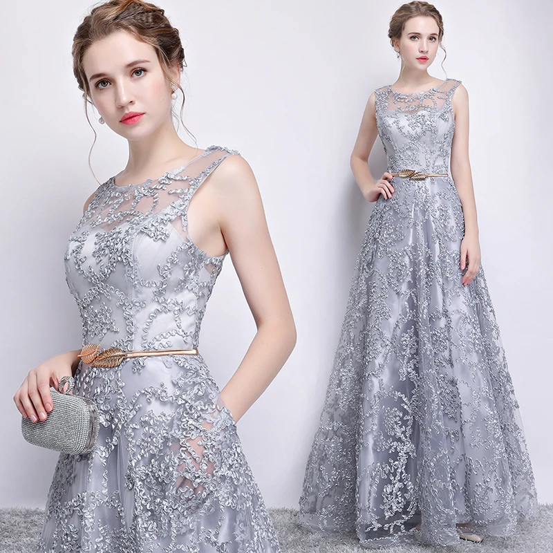 

Elegant Long Women Banquet Evening Gowns with Belt Sleeveless Tulle Party Dress for Wedding Floor-Length O-neck Prom Gown G327