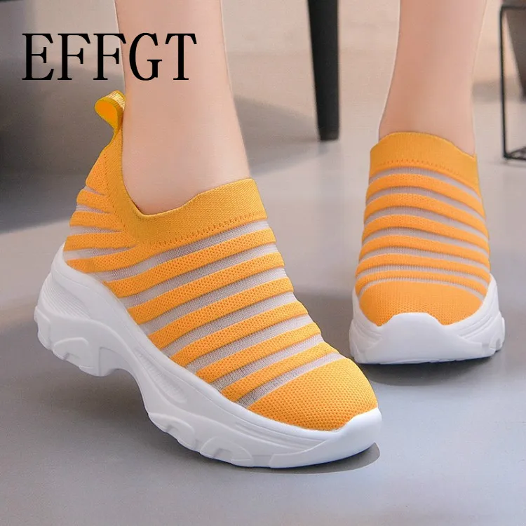 

EFFGT 2019 Summer Breathable Mesh Sneakers Hidden Increasing Shoes Women Wedge Casual Shoes Slip on High Heel 5Cm Platform Shoes