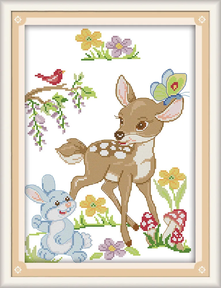 

The deer and rabbit Canvas DMC Counted Cross Stitch Kits printed Cross-stitch set Embroidery Needlework