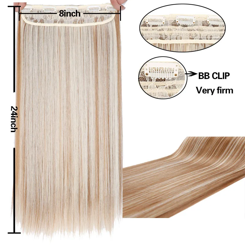SHANGKE Hair 24'' Long Straight Women Clip in Hair Extensions Black Brown High Tempreture Synthetic Hair Piece