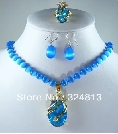 

free shipping>>> New blue opal necklace crystal pendant earring ring set