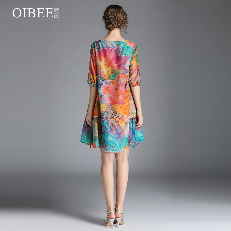 OIBEE2019 о-образный вырез Половина рукава размера плюс принт ТРАПЕЦИЕВИДНОЕ летнее большое свободное шелковое платье