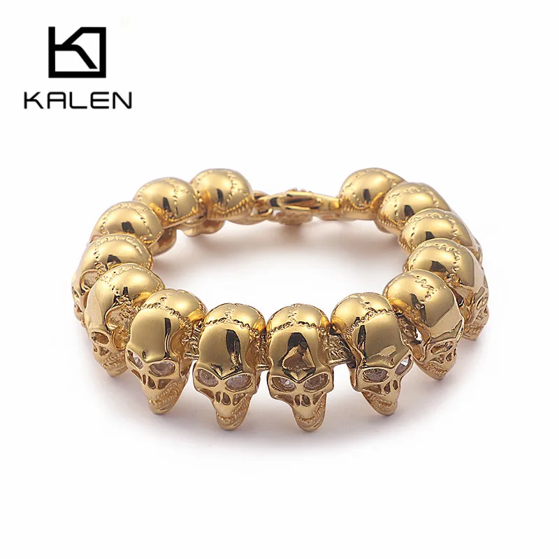 

KALEN Punk 22cm Long Gold Skull Charm Bracelets For Men Stainless Steel Skeleton Link Chain Bracelet Male Gothic Biker Jewelry