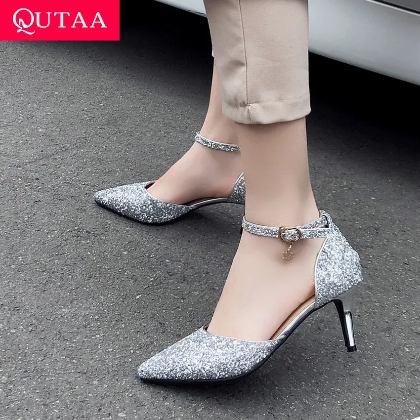 

QUTAA 2019 Women Pumps Sequins PU Leather Thin High Heel Ankle Strap Buckle Pointed Toe Party Sexy Sandals Summer Size 34-43