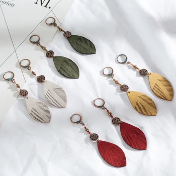 

2018 New Leaf Feather Women's earrings Bohemia PU Leather Multi colors Water Drop Dangle Earring for women Ethnic jewelry