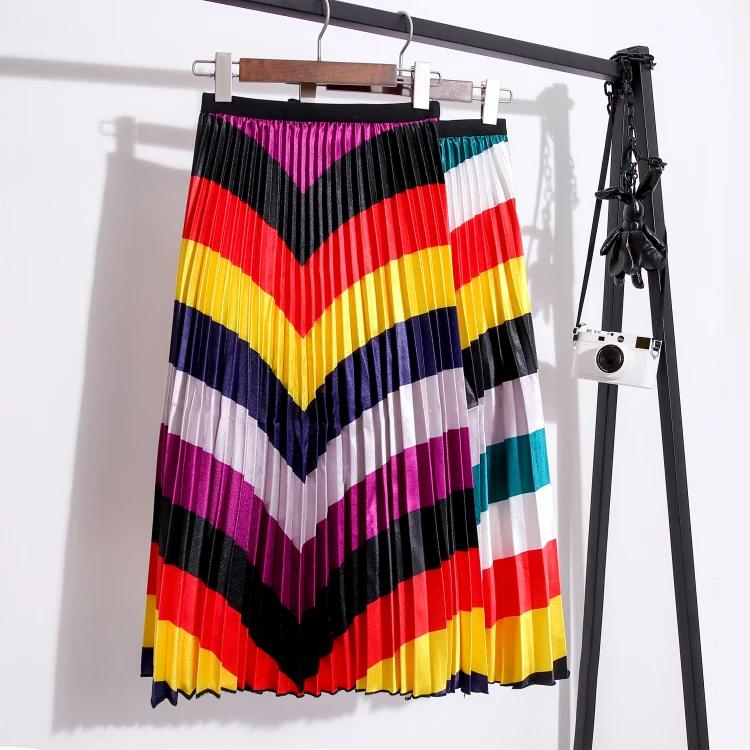 

Summer Contrast Rainbow Pleated Long Skirts Korean Style Women Clothes 2019 High Waist Stripe Skirt