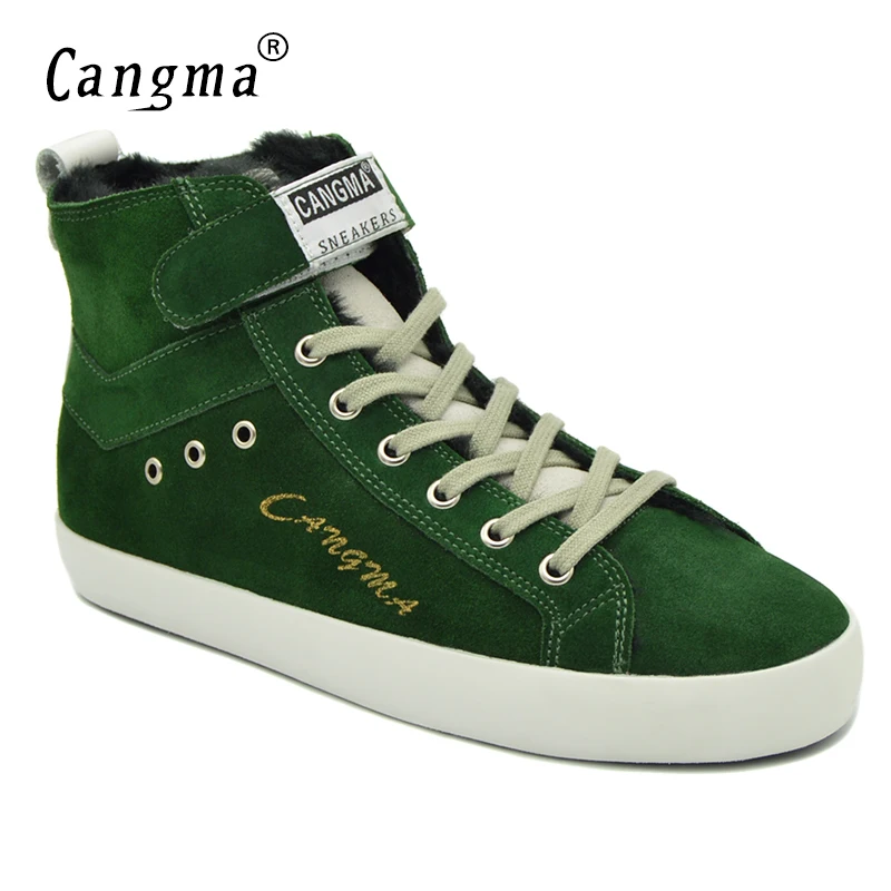 CANGMA Italy Designer Woman's Boots Casual Shoes Genuine Leather Sneakers Women Lace Up Cow Suede Shoes Green Ankle Boots Female cangma original luxury man s boots casual shoes ankle boots brand sneakers men lace up patent genuine leather male silver shoes