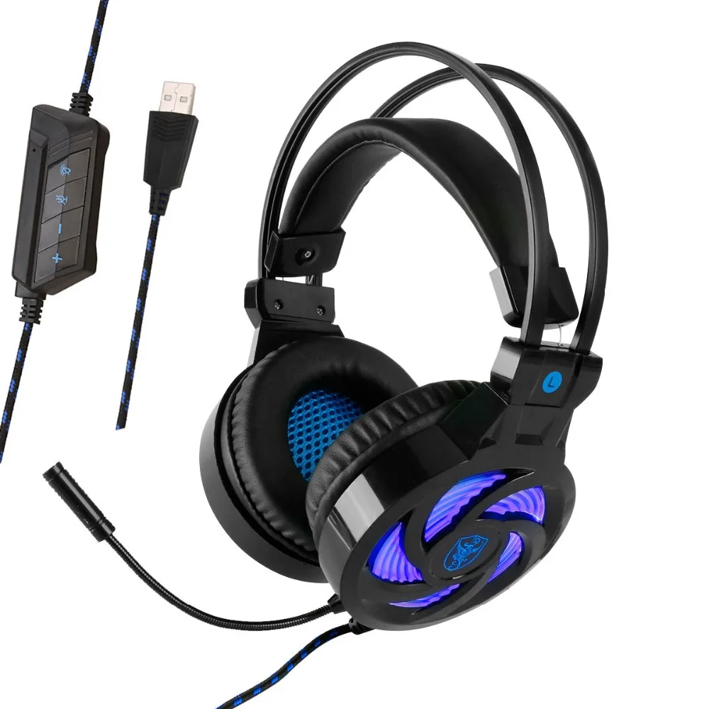 Дешево Soyto USB стерео игровая гарнитура 7,1 Виртуальная объемная бас Игровые наушники с микрофоном светодиодная подсветка для компьютера PC Gamer