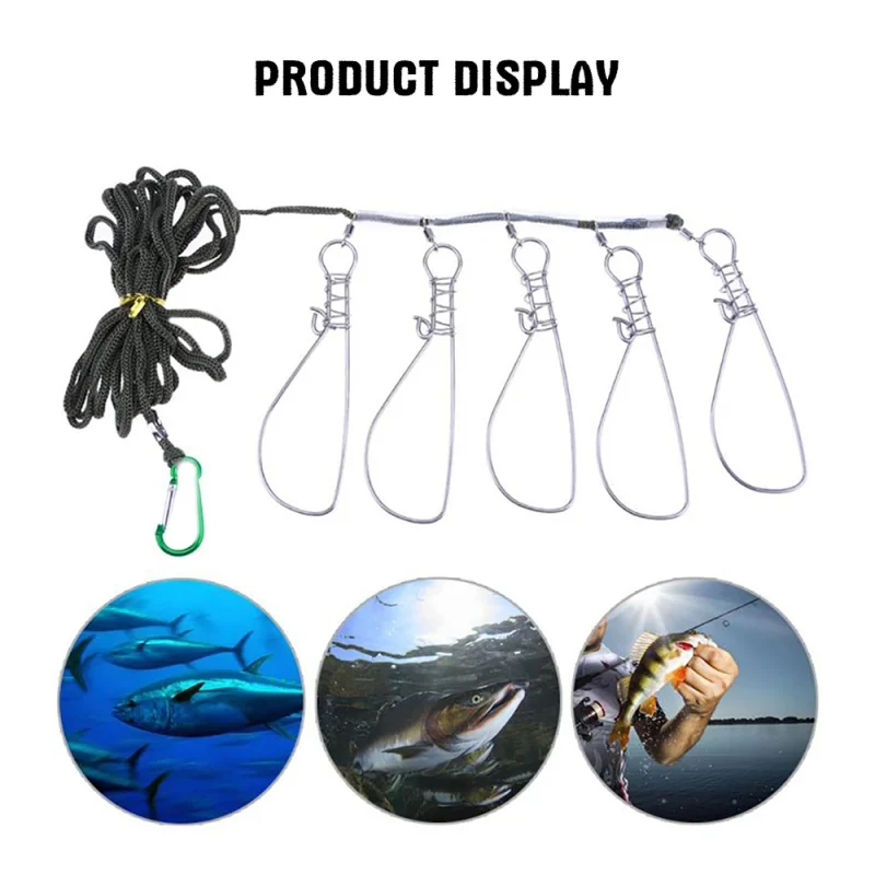 

5M Fishing Lock Hooks Buckle Stainless Steel Live Fish Lock Belt Fishing Stringer String Fishing Hook