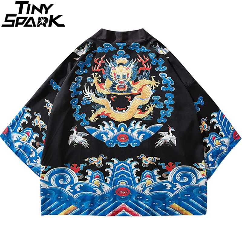 

2019 Harajuku Kimono Jacket Japanese Hip Hop Men Streetwear Jacket Ancient Chinese Officer Robe Dragon Summer Thin Retro Style