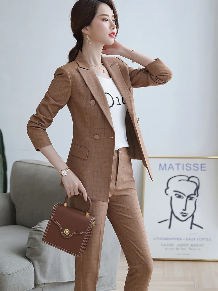 Women Pant Suit Two Pieces Set Size S-5XL Pink Brown Plaid Jacket Blazer With Plaid Trouser Sets Casual Fashion Suits