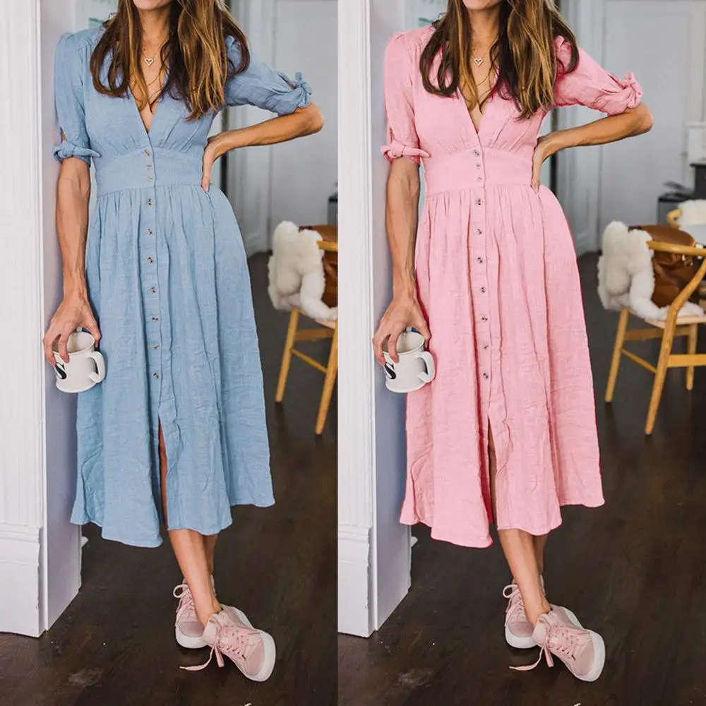 

Women Button Elegant Vintage Summer V Neck Dress Down Tunic Dress