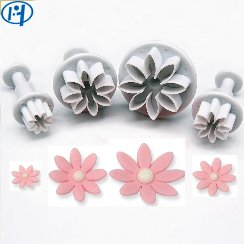 

KAIYUE 4pcs Plastic Fondant Cakes Tools Daisy Cake Mold Plunger Cookie Cutter Biscuit Mould Cake Decorating Baking Tool