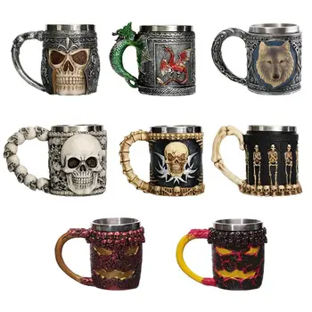 

Personalized Skull Mugs Double Wall Coffee Creative Stainless Steel Knight Tankard Dragon Drinking Tea Cup Caneca Viking Gift