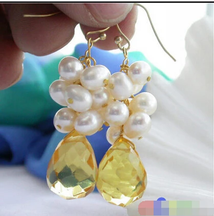 

Free shipping@@@@@ white PEARL dangle citrine drip faceted EARRING