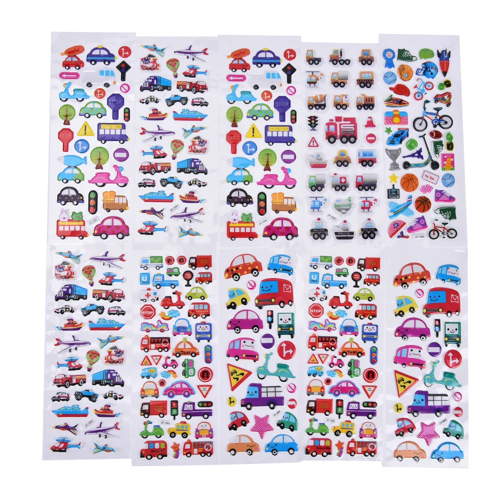 2PCS / lot Mixed Cartoon Bubble Stickers Transport Cars Children Kids Girls&Boys Cartoon Stickers Decoration Christmas Gift