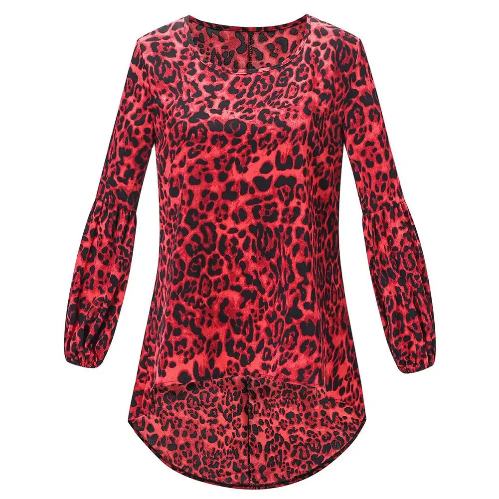 Yiwa Женская Сексуальная леопардовая печать с длинным рукавом, круглый вырез, необычная Повседневная рубашка, женские топы размера плюс