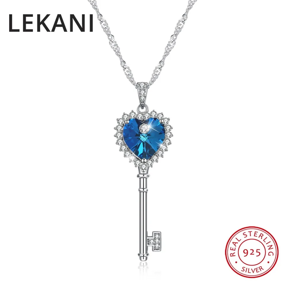 

LEKANI Crystals From SWAROVSKI Blue Purple Heart Key Pendant Necklaces Real 925 Silver Fine Jewelry For Women Chic GIFT