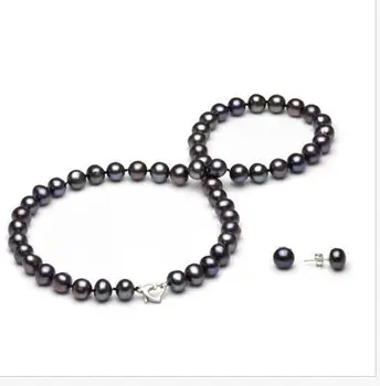 

9-10mm tahitian round black green pearl necklace &earring silver KKK
