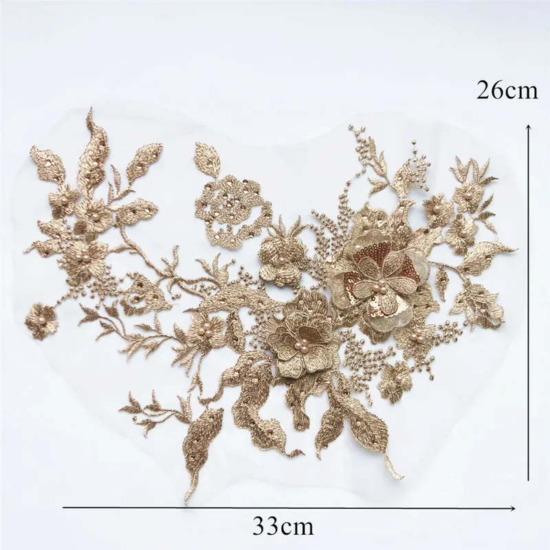 33CM Brown Gold Embroidered Flowers Rhinestone Appliques Sew Patch - Main Image