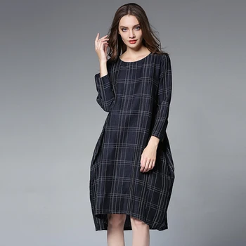 

Women Cotton Linen plus size Dresses winter autumn 2017 new woman plaid loose casual extra large fall party basic dresses lady