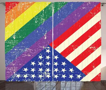 

Vintage Rainbow Curtains Worn Out Pride Flag and Old Glory Patriotism Freedom and LGBT Themed Design Living Room Bedroom Window