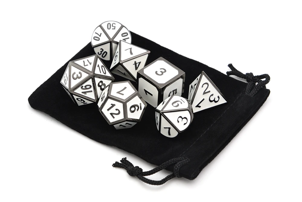 White Enamel Polyhedral Metal Dice with Velvet Pouch for MTG RPG DnD Board Games and Teaching Math