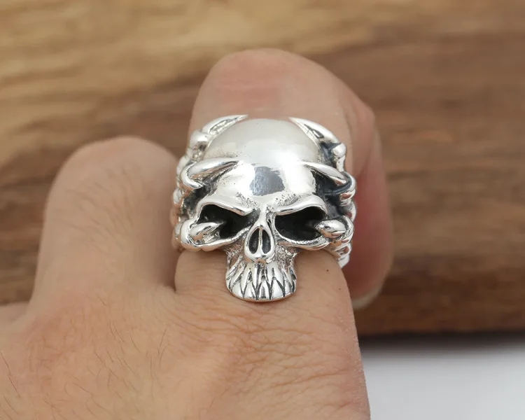 925 Серебряное мощное кольцо в виде лапы-черепа настоящий череп из стерлингового серебра кольцо в стиле панк; бижутерия мужское кольцо крутое