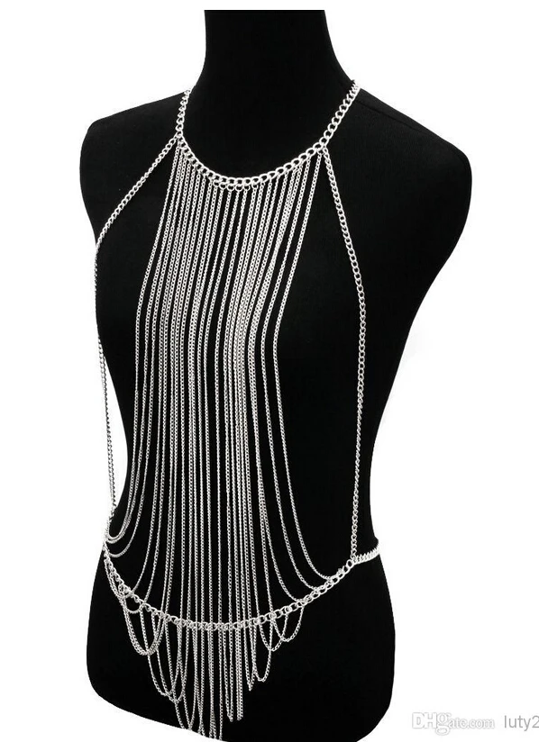 Body Chain Necklace Draped Layered SILVER Metal Link Bikini Celebrity