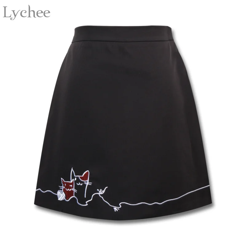 Lychee Летняя женская юбка с вышивкой в виде кота, Милая Сексуальная элегантная однотонная мини-юбка с вышивкой, Женская мини-юбка - Цвет: Black