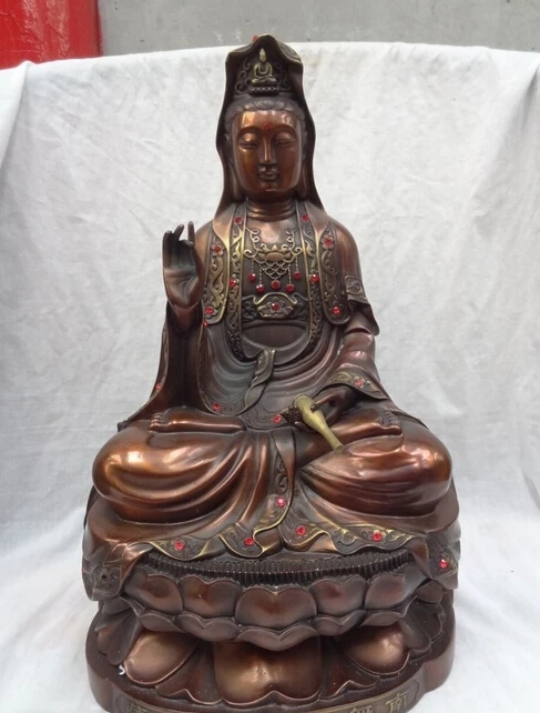 

bi003684 18" China Pure Bronze Lotus Kwan-Yin Buddha Joss QuanYin Bodhisattva Pot Statue