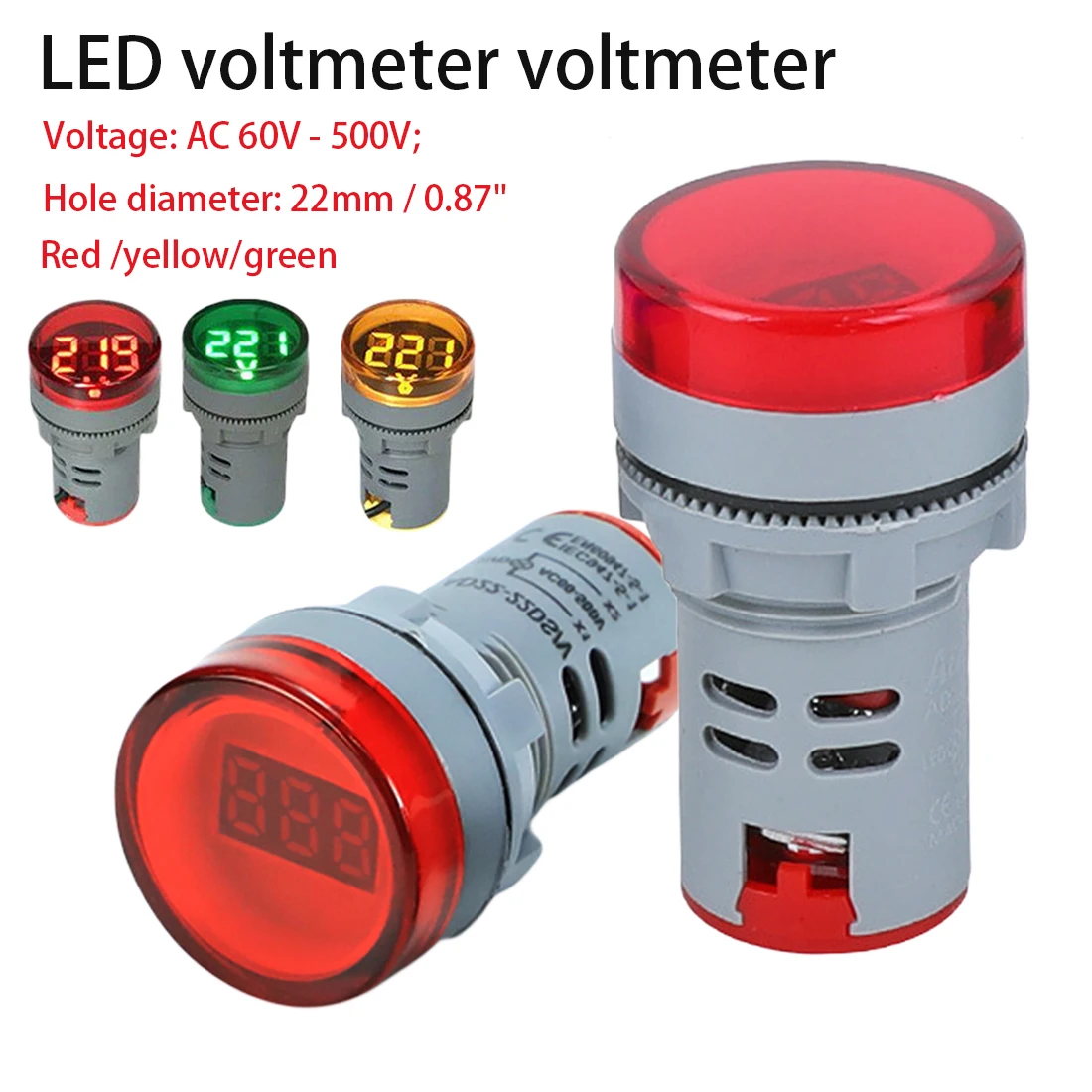 

22mm LED Digital Display Gauge Volt Voltage Meter Indicator Signal Lamp Voltmeter Lights Tester Combo Measuring Range 60-500V AC