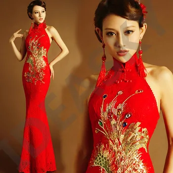 chinese traditional dress red long mermaid qipao lace style wedding cheongsam dress modern phoenix elegant plus size embroidery