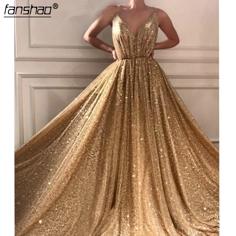 

Gold Muslim Evening Dresses 2019 A-line Deep V-neck Sequins Sparkle Islamic Dubai Saudi Arabic Long Formal Evening Gown