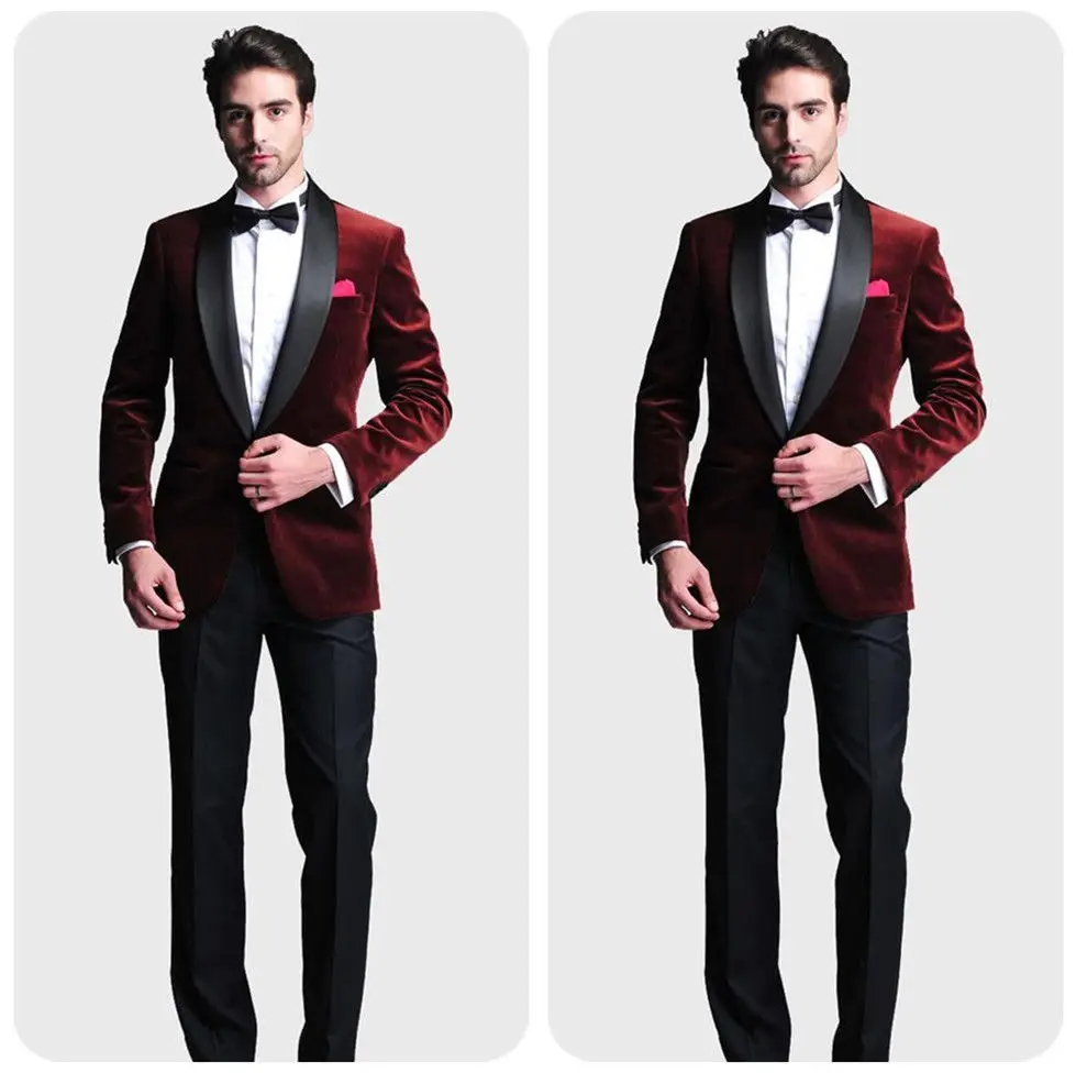 

Fashion Burgundy Velvet Tuxedos Shawl Lapel 3pcs Men's With Black Pants & Suits