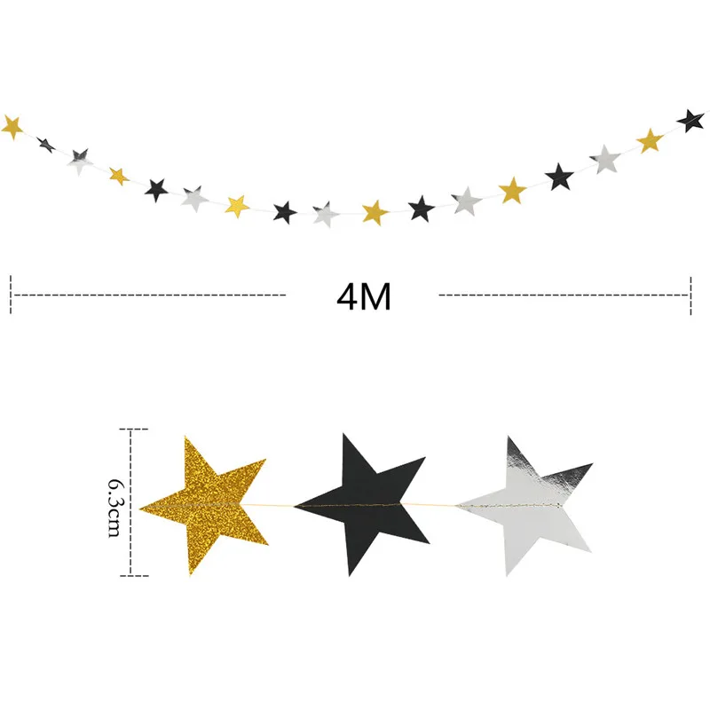 4m Gold Silver Black Paper Star Shape Garlands Banner Baby Shower First Birthday Party Decoration Kids Wedding Christmas Banner