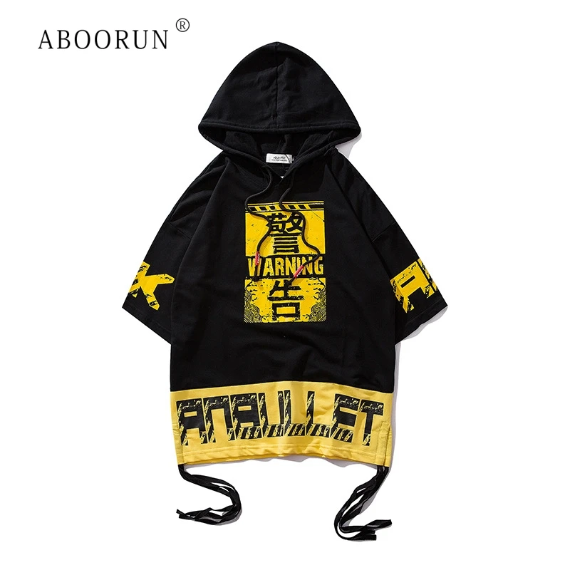 

ABOORUN Men's Hip Hop T-Shirt Printed Patchwork Hooded Tees with Ribbons Summer Fashion Short Sleeve Loose Shirts for R409