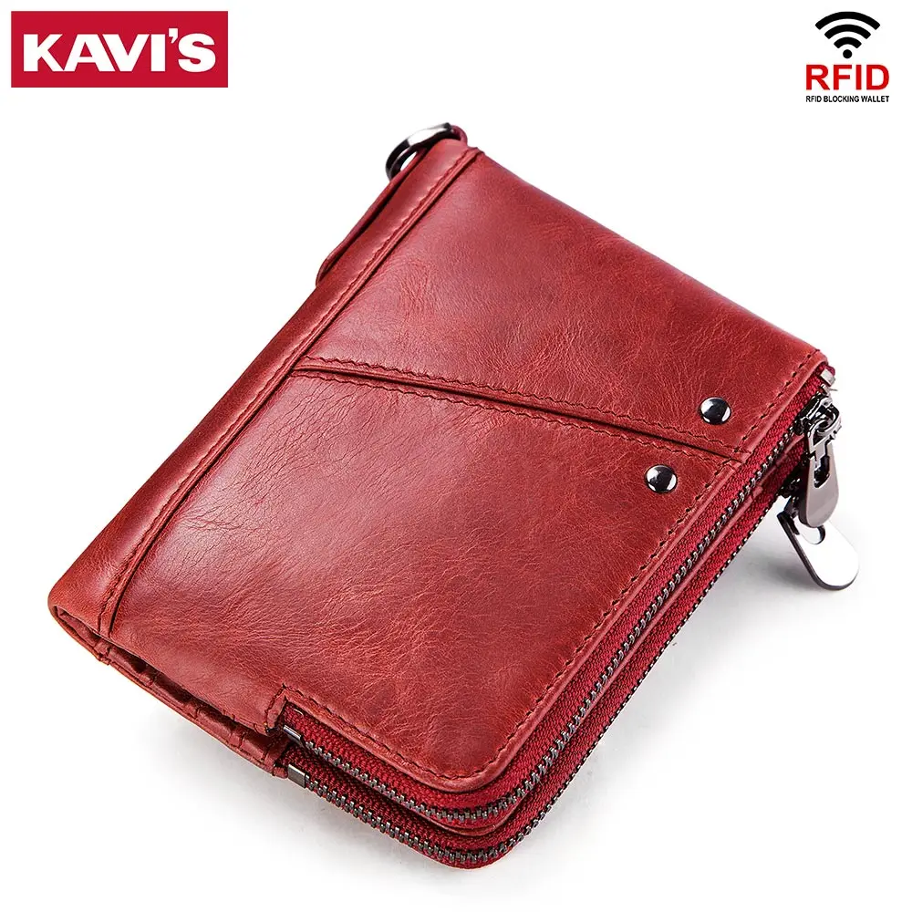 Koop KAVIS Rfid Echt Leer Vrouwen Portemonnee Vrouwelijke Rode Portemonnee Kleine Walet Portomonee Vallet en Geld Bag Lady Mini Card houder