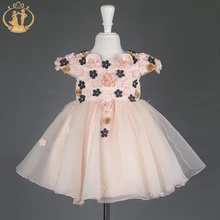 New Arrival Party Wedding Girls Dress Hand Nail Flowers Dress for 2Colors Bow Elegant Autumn Winter Dresses for Girls