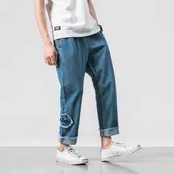 2018 Лето японский Стиль Мужская Мода Свободные Письмо Джинсы с вышивкой Повседневное брюки эластичный пояс ковбойские штаны Размеры M-2XL