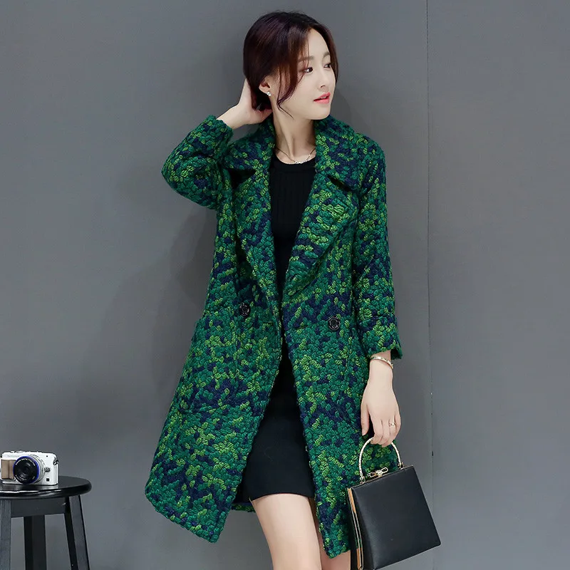 High Quality Wool Coat Women Slim Medium-long Tweed Jacket Fashion Female Outwear Green Coat Brand Women Jacket 7 - Цвет: Green