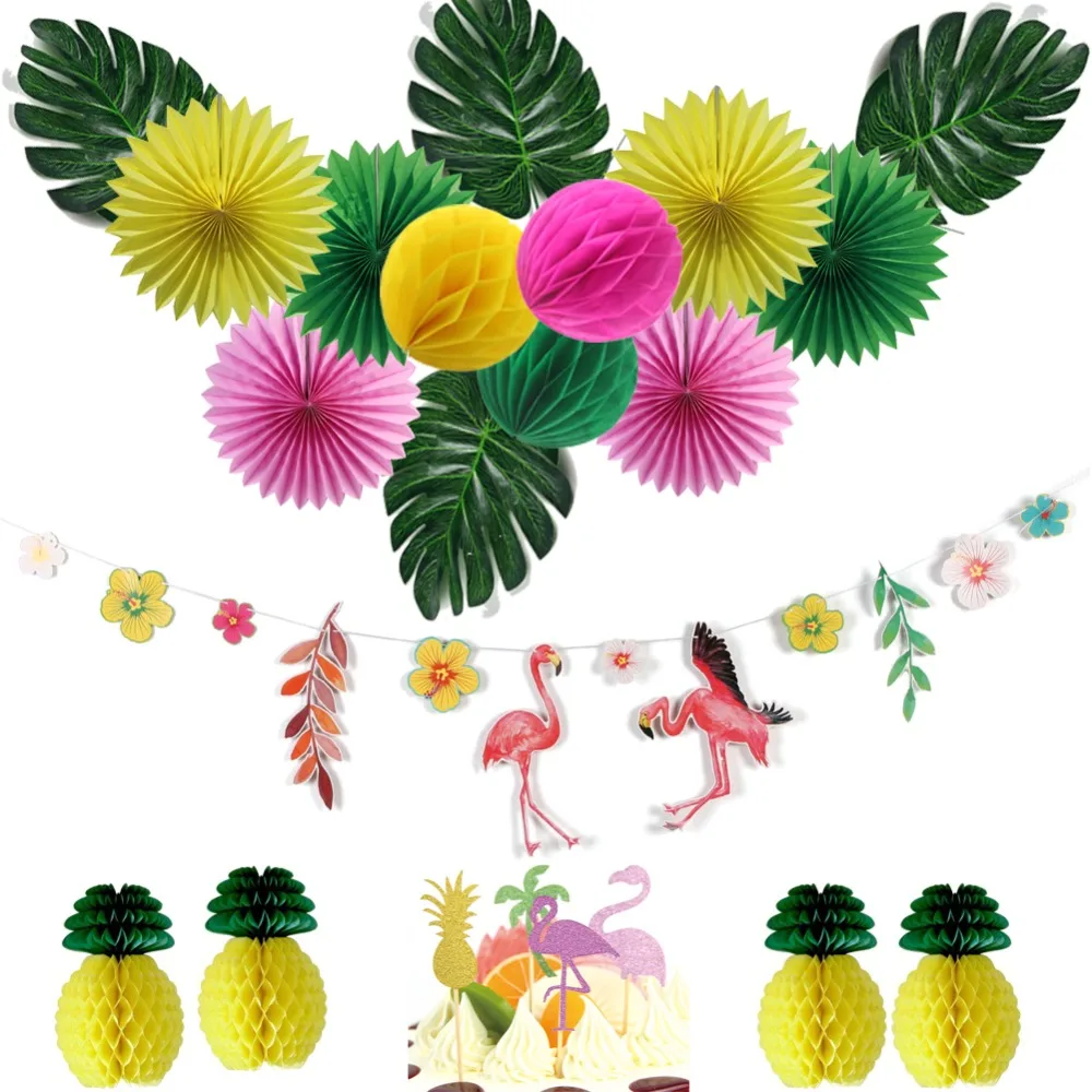 Hawaiian Party Decorations Flamingo Banner Paper Fans Pineapple Honeycomb Balls Decoration Tropical Summer Birthday Favors | Дом и сад