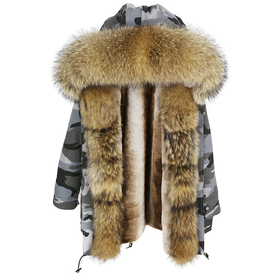 Камуфляжная длинная парка, зимняя куртка, Женское пальто с натуральным мехом, большой воротник из натурального меха енота, капюшон, Толстая теплая подкладка, уличная одежда, роскошная